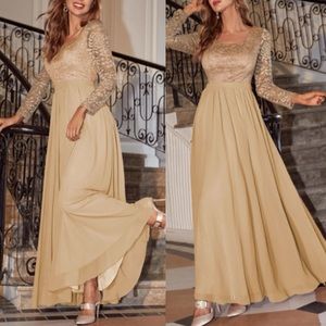 Luxurious apricot lace insert maxi dress evening formal party
